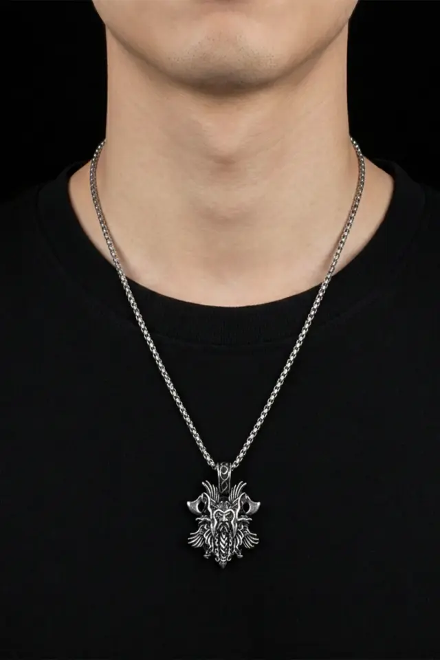 Viking Savaşçısı Odin ve Çift Balta Tasarım Gümüş Renk 316L Paslanmaz Erkek Çelik Kolye