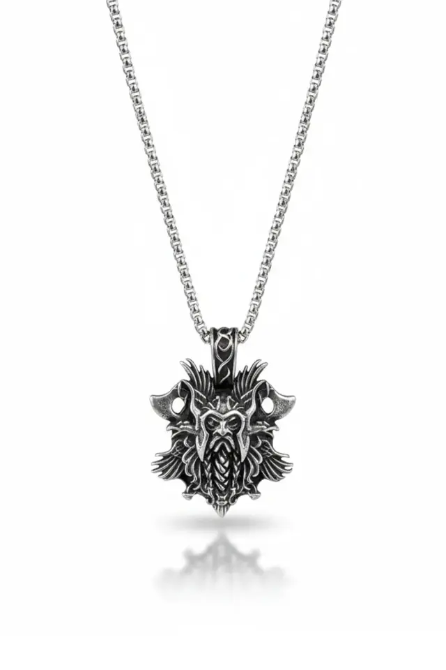 Viking Savaşçısı Odin ve Çift Balta Tasarım Gümüş Renk 316L Paslanmaz Erkek Çelik Kolye