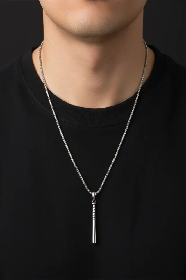 Beyzbol Sopası Tasarım Parlak Gümüş Renk 316L Paslanmaz Erkek Çelik Kolye