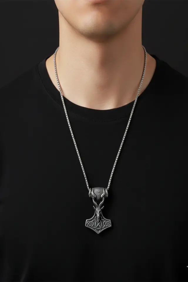 Viking Serisi Keçi Başlı Mjölnir Thor'un Çekici Tasarım 316L Paslanmaz Erkek Çelik Kolye