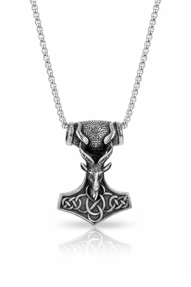 Viking Serisi Keçi Başlı Mjölnir Thor'un Çekici Tasarım 316L Paslanmaz Erkek Çelik Kolye