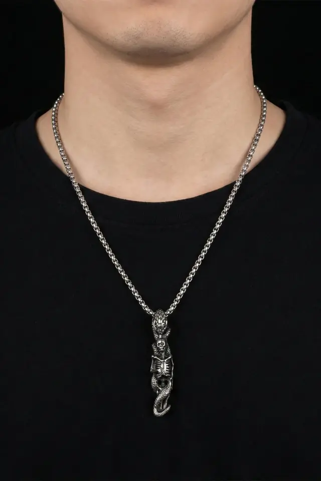 Gotik İskelet ve Yılan Sarmalı Tasarım Antik Gümüş Renk 316L Paslanmaz Erkek Çelik Kolye