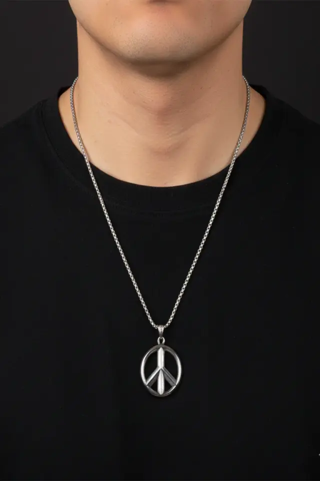 Barış Sembolü Tasarım Parlak Gümüş Renk 316L Paslanmaz Erkek Çelik Kolye