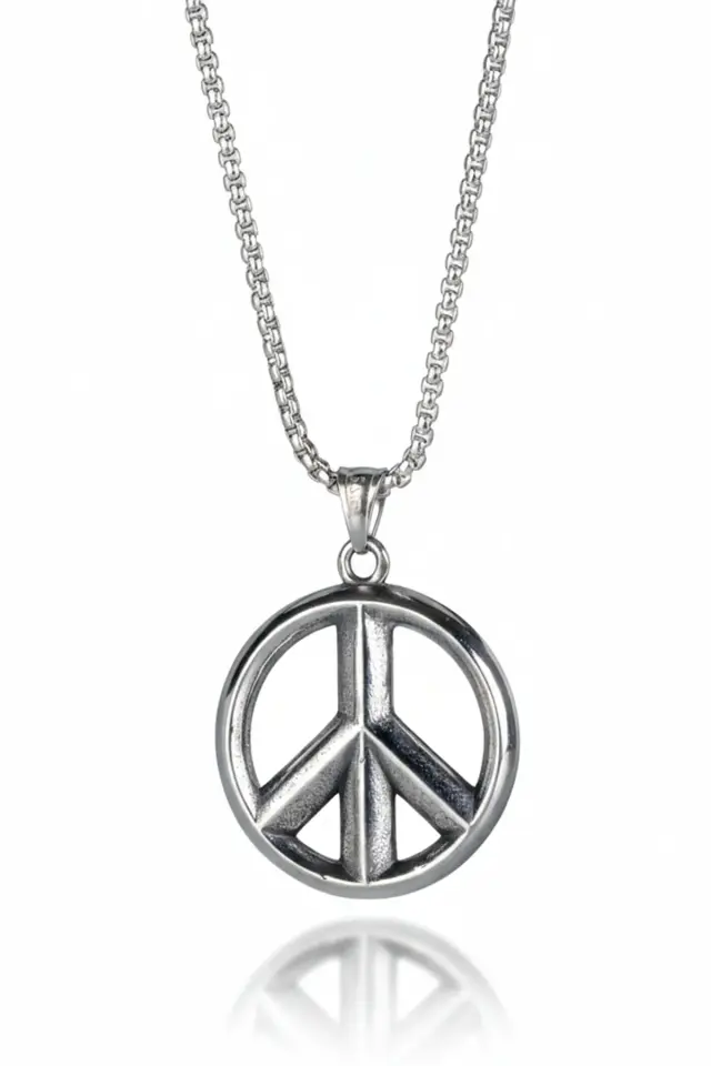 Barış Sembolü Tasarım Parlak Gümüş Renk 316L Paslanmaz Erkek Çelik Kolye