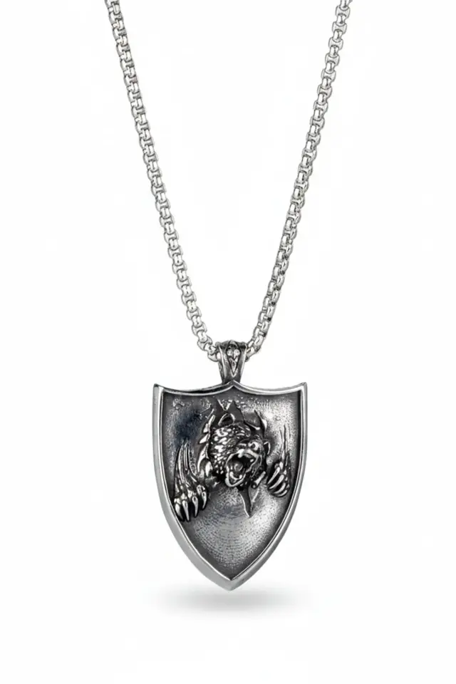 Vahşi Ayı Pençesi ve Kalkan Tasarım Antik Gümüş Renk 316L Paslanmaz Erkek Çelik Kolye