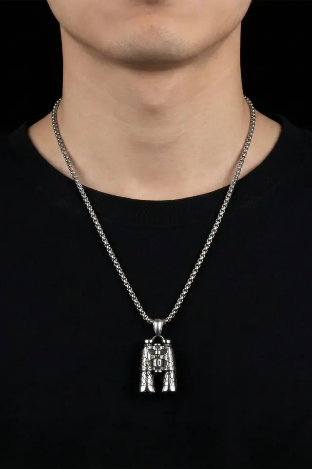 Gezgin Temalı Dürbün Tasarım Antik Gümüş Renk 316L Paslanmaz Erkek Çelik Kolye