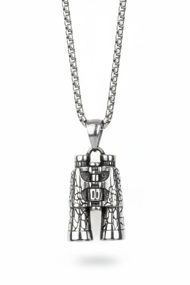 Gezgin Temalı Dürbün Tasarım Antik Gümüş Renk 316L Paslanmaz Erkek Çelik Kolye