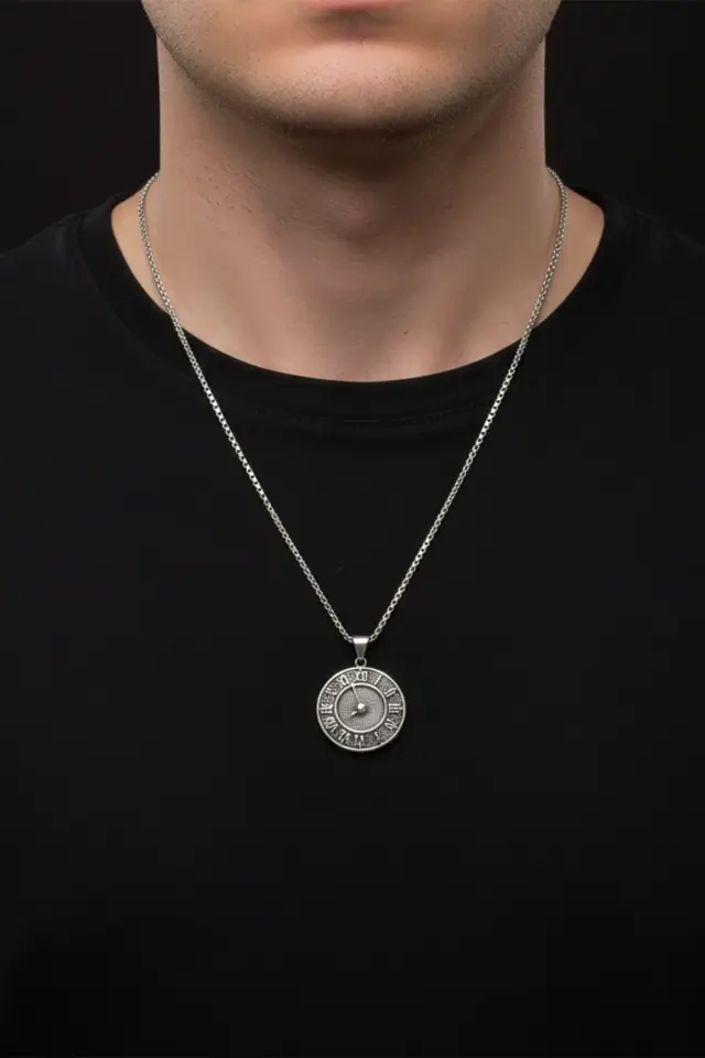 Antik Romen Rakamlı Saat Temalı Kolye - 316L Paslanmaz Erkek Çelik Kolye