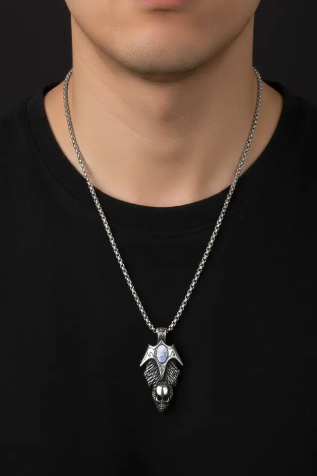 Kuru Kafa ve Turkuaz Taş Detaylı Kanat Figürlü Kolye - 316L Paslanmaz Erkek Çelik Kolye