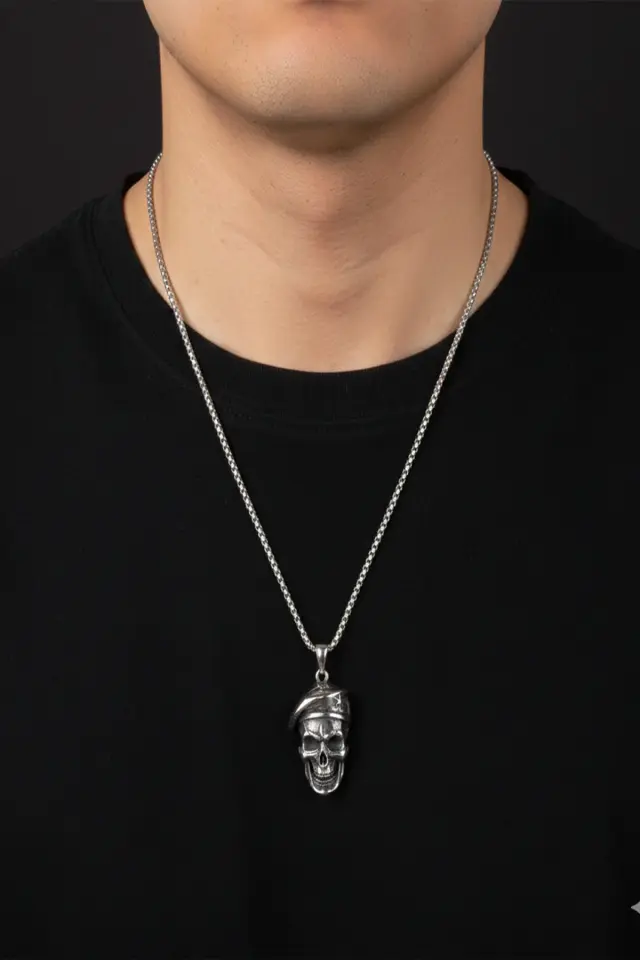 Asker Kafatası Figürlü Çelik Kolye - 316L Paslanmaz Erkek Çelik Kolye