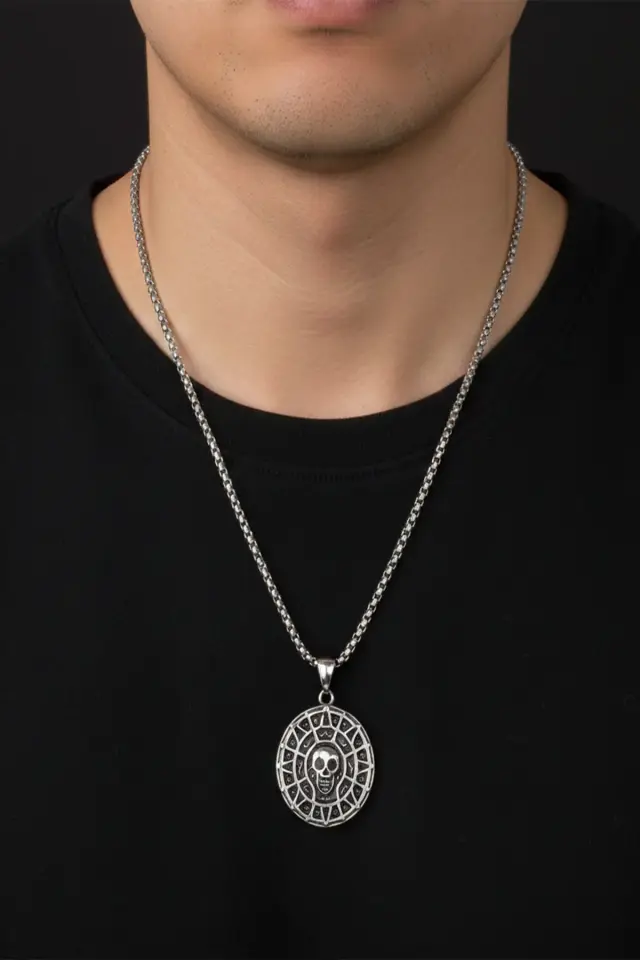 Antik Aztek Takvimi Kafatası Detaylı Erkek Kolye - 316L Paslanmaz Erkek Çelik Kolye
