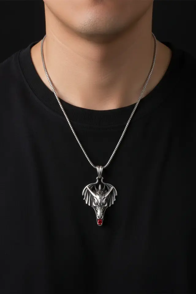 Ejderha Kafası Erkek Kolye - 316L Paslanmaz Erkek Çelik Kolye