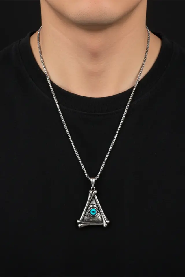 Üçgen Formlu Mistik Göz Figürlü 316L Paslanmaz Erkek Çelik Kolye