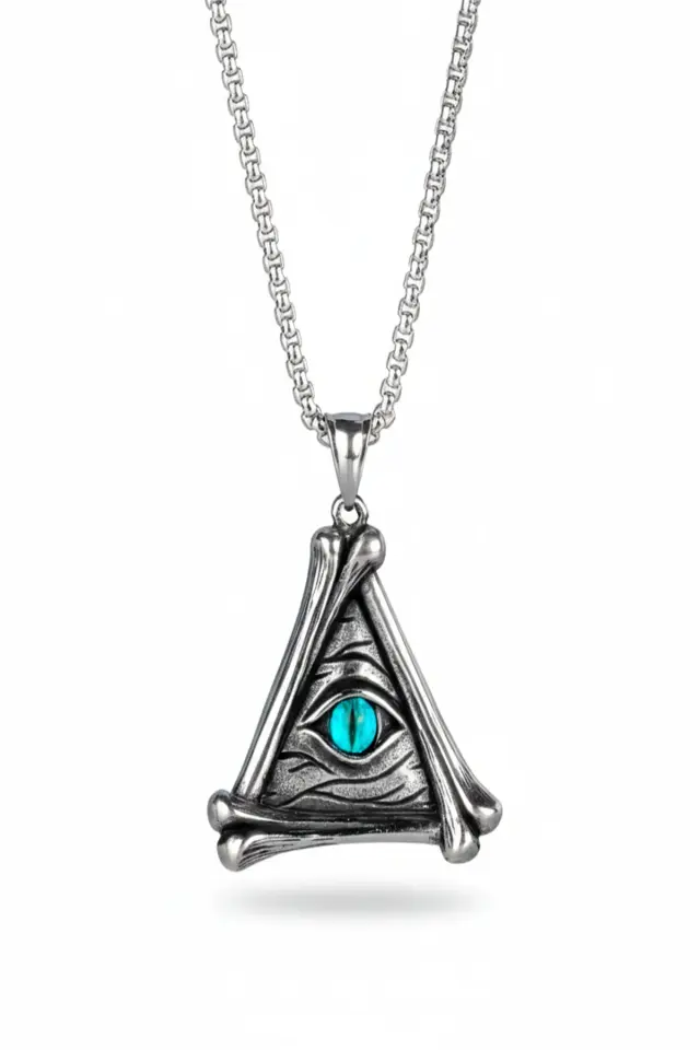 Üçgen Formlu Mistik Göz Figürlü 316L Paslanmaz Erkek Çelik Kolye
