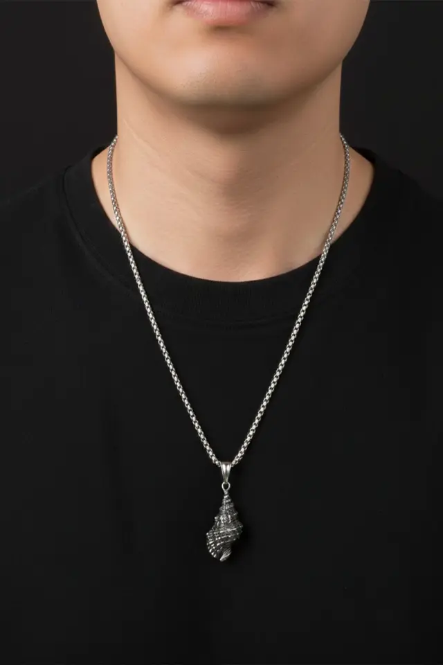 Deniz Kabuğu Figürlü Vintage Eskitme 316L Paslanmaz Erkek Çelik Kolye