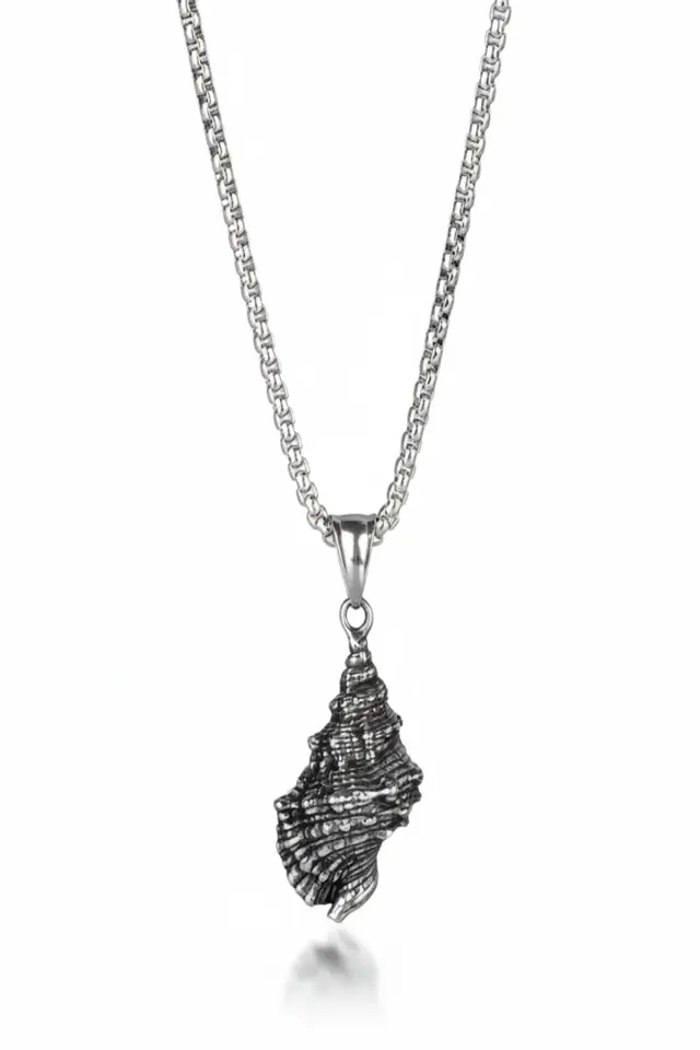 Deniz Kabuğu Figürlü Vintage Eskitme 316L Paslanmaz Erkek Çelik Kolye