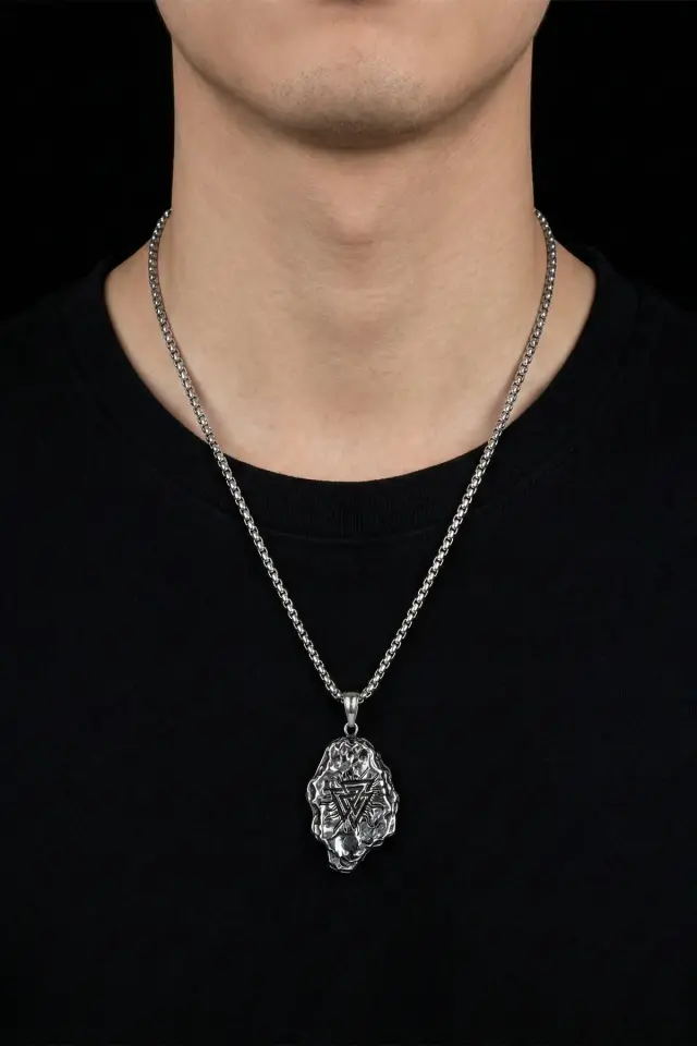 Viking Valknut Sembollü Kaya Dokulu Eskitme 316L Paslanmaz Erkek Çelik Kolye