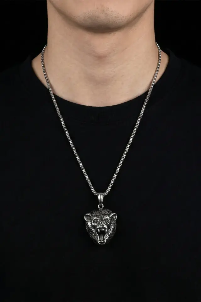 Ayı Figürlü Eskitme Detaylı 316L Paslanmaz Erkek Çelik Kolye