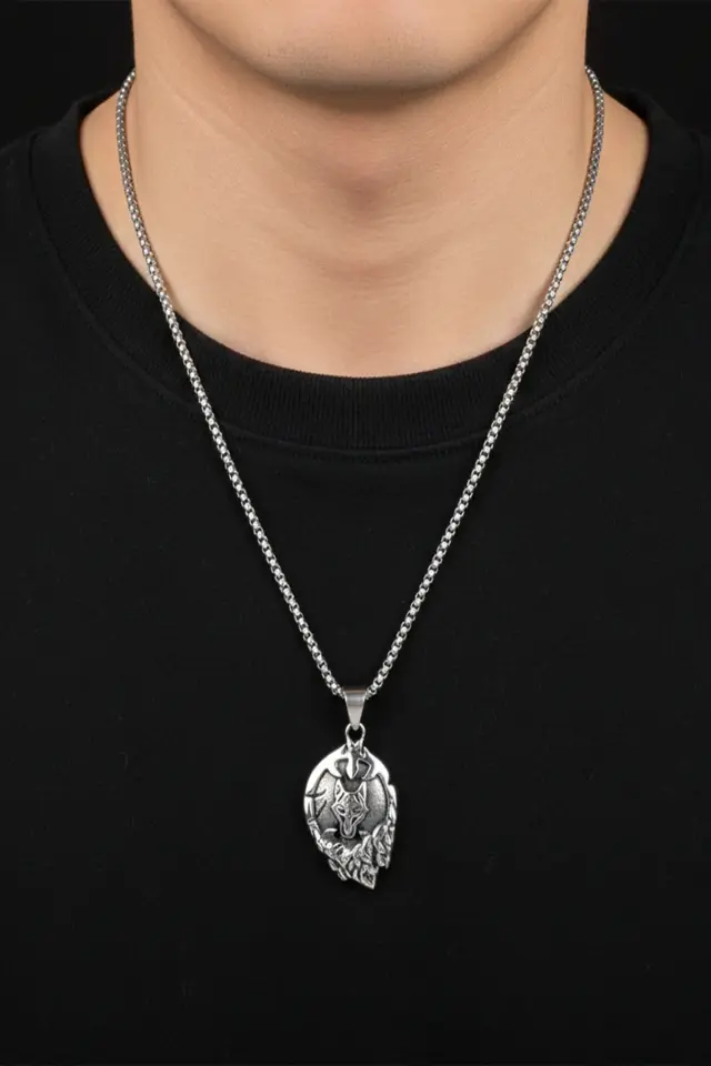 Kurt Başı Figürlü Kaya Dokulu 316L Paslanmaz Erkek Çelik Kolye