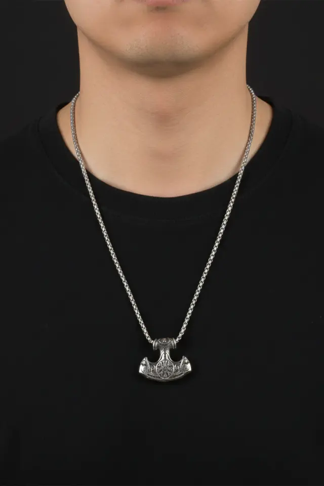 Viking Thor Çekici Vegvisir İşlemeli 316L Erkek Çelik Kolye
