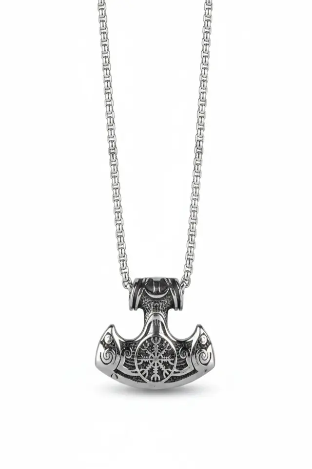 Viking Thor Çekici Vegvisir İşlemeli 316L Erkek Çelik Kolye