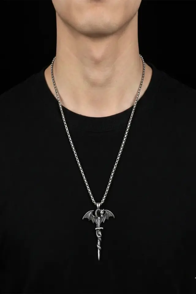 Ejderha Sarmallı Kılıç Figürlü Eskitme 316L Paslanmaz Erkek Çelik Kolye