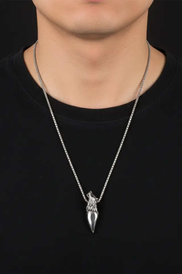 Kurt Dişi Tasarımlı Kurt Başı Figürlü 316L Erkek Çelik Kolye