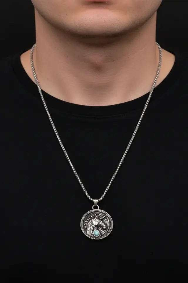 Turkuaz Taşlı Unicorn Madalyon Figürlü 316L Paslanmaz Erkek Çelik Kolye