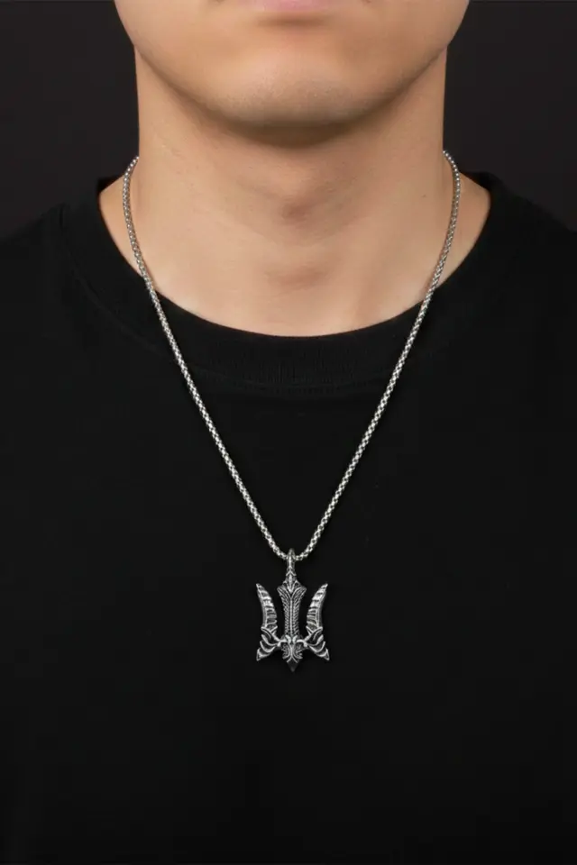 Poseidon Üçlü Mızrak Figürlü Eskitme 316L Paslanmaz Erkek Çelik Kolye