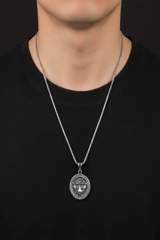 Çapa ve Rüzgar Gülü Detaylı Halat Çerçeveli 316L Paslanmaz Erkek Çelik Kolye