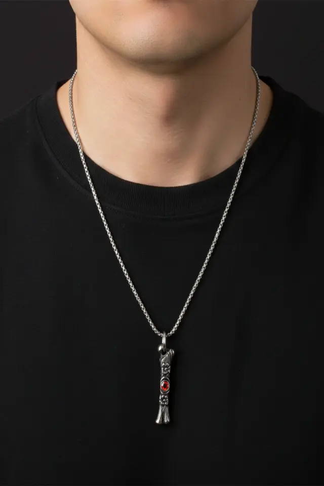 Kırmızı Taşlı Çiçek Motifli 316L Paslanmaz Erkek Çelik Kolye