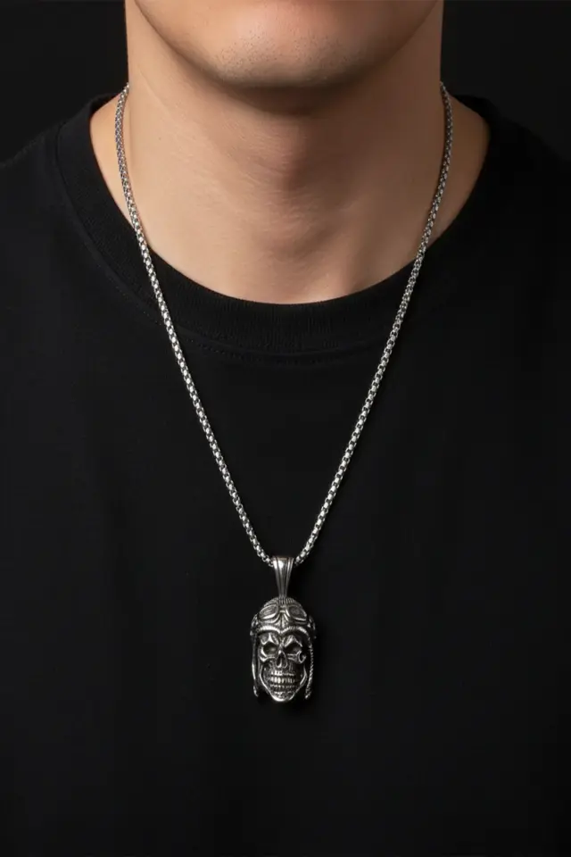 Pilot Gözlüklü Kurukafa Tasarım 316L Paslanmaz Erkek Çelik Kolye