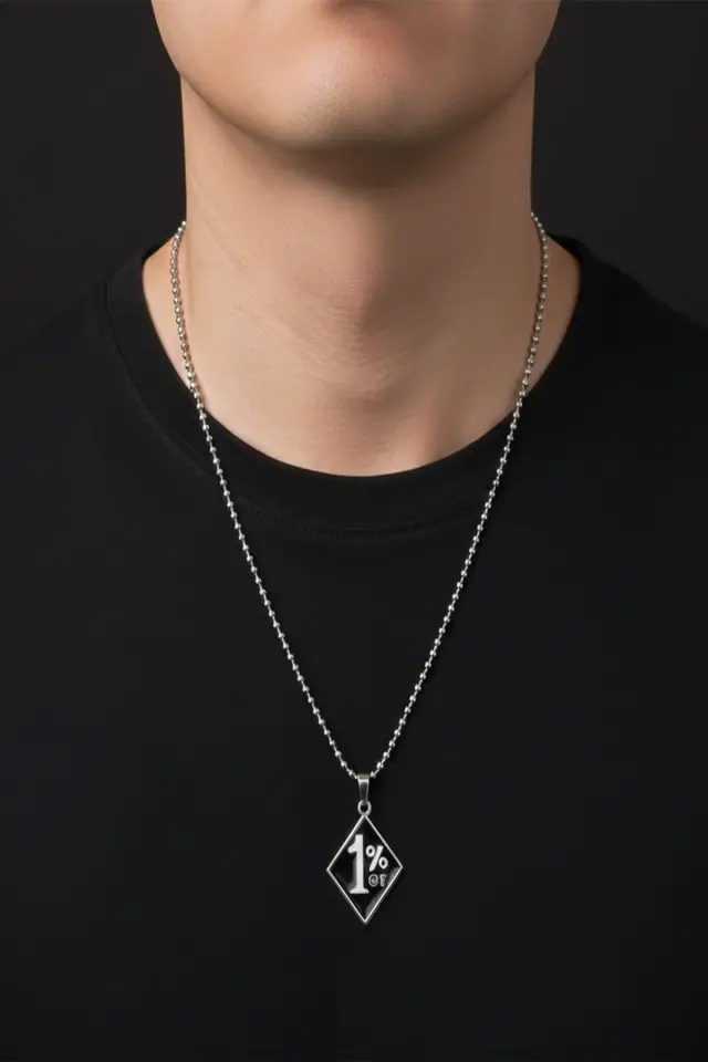 1%er Tasarımlı Siyah Emaye Detaylı 316L Paslanmaz Erkek Çelik Kolye