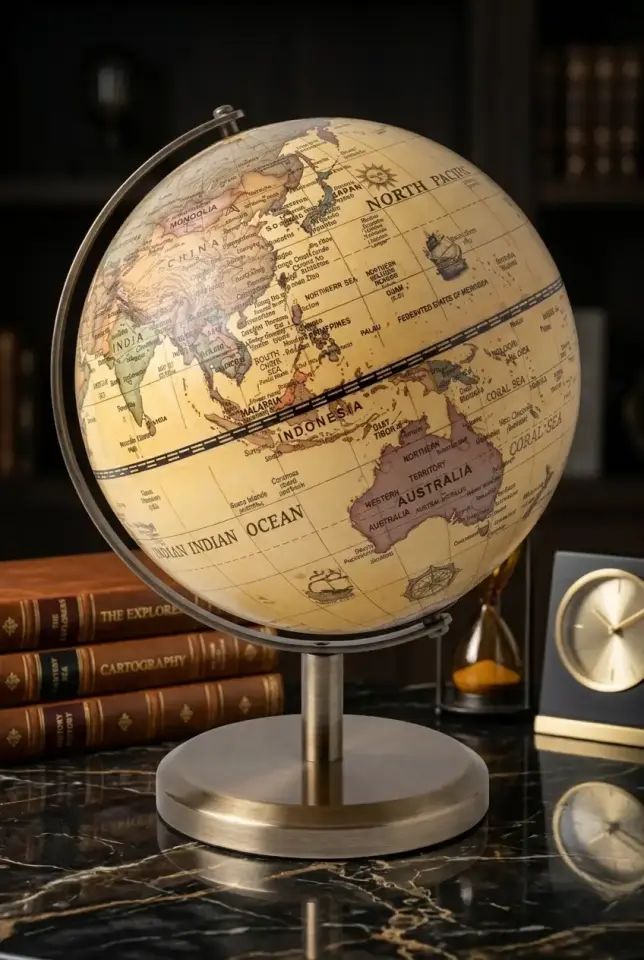 Müzik Kutulu Dünya Küresi, Vintage Antika Haritalı Küre, Retro Dekoratif Hediye