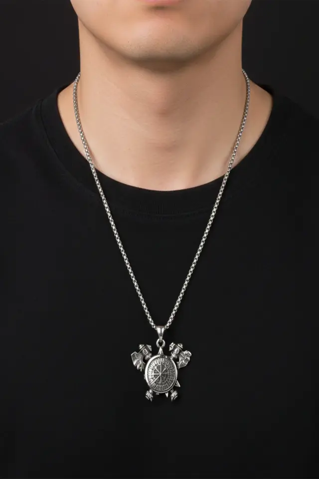 Çift Balta Detaylı Viking Vegvisir Pusula 316L Paslanmaz Erkek Çelik Kolye