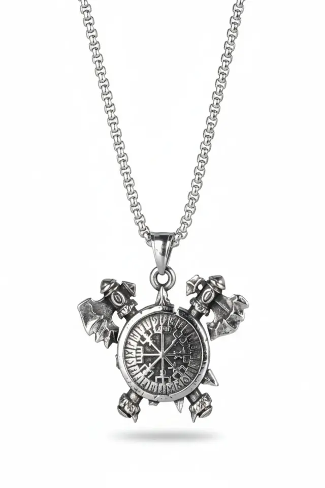 Çift Balta Detaylı Viking Vegvisir Pusula 316L Paslanmaz Erkek Çelik Kolye