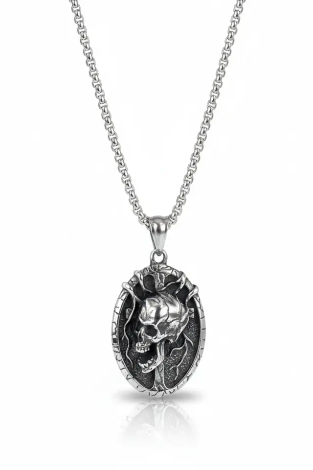 Gotik Kuru Kafa Madalyon Detaylı 316L Paslanmaz Erkek Çelik Kolye