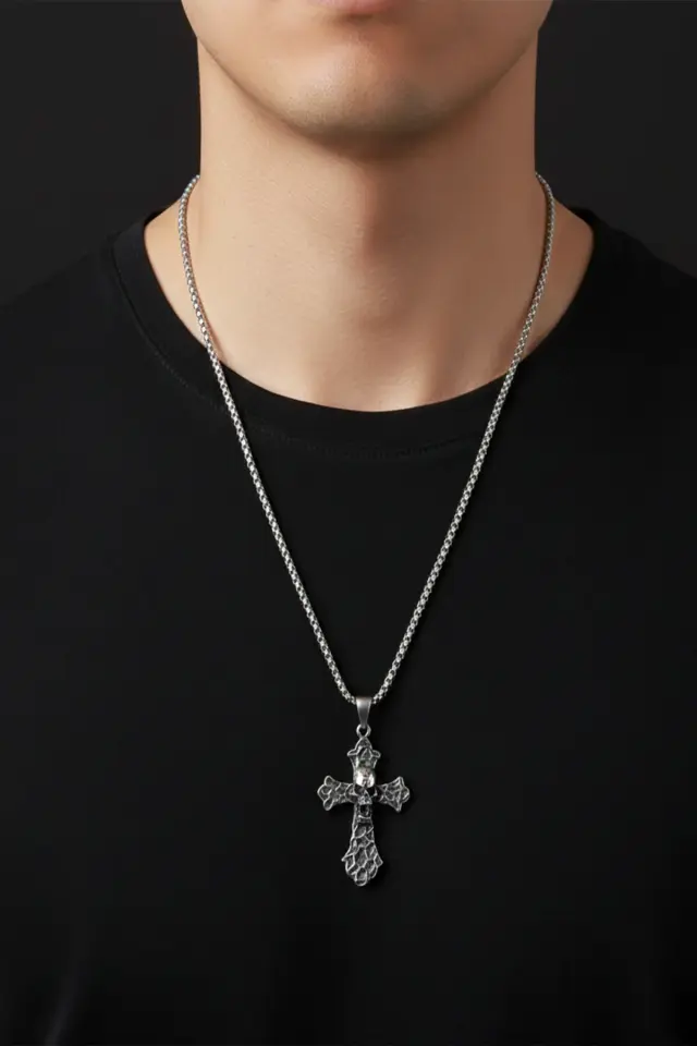 Gotik Kuru Kafa ve Haç Detaylı 316L Paslanmaz Erkek Çelik Kolye