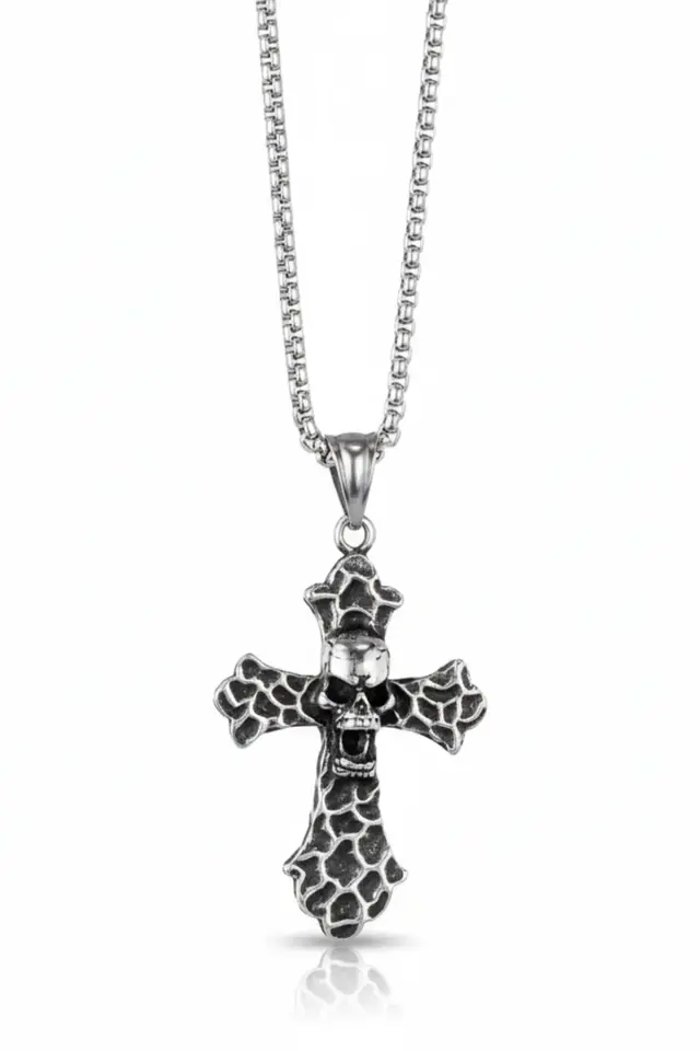 Gotik Kuru Kafa ve Haç Detaylı 316L Paslanmaz Erkek Çelik Kolye