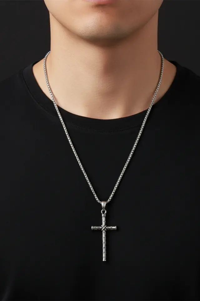 Bohem Dokulu İnce Haç Tasarım 316L Paslanmaz Erkek Çelik Kolye