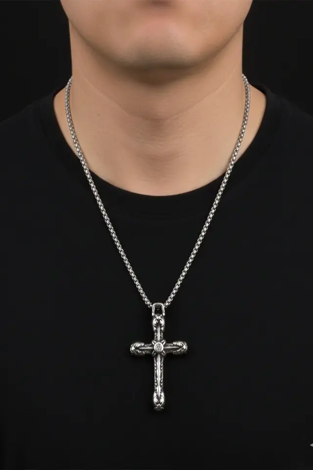 Zirkon Taşlı Gotik Barok İşlemeli Haç 316L Paslanmaz Erkek Çelik Kolye