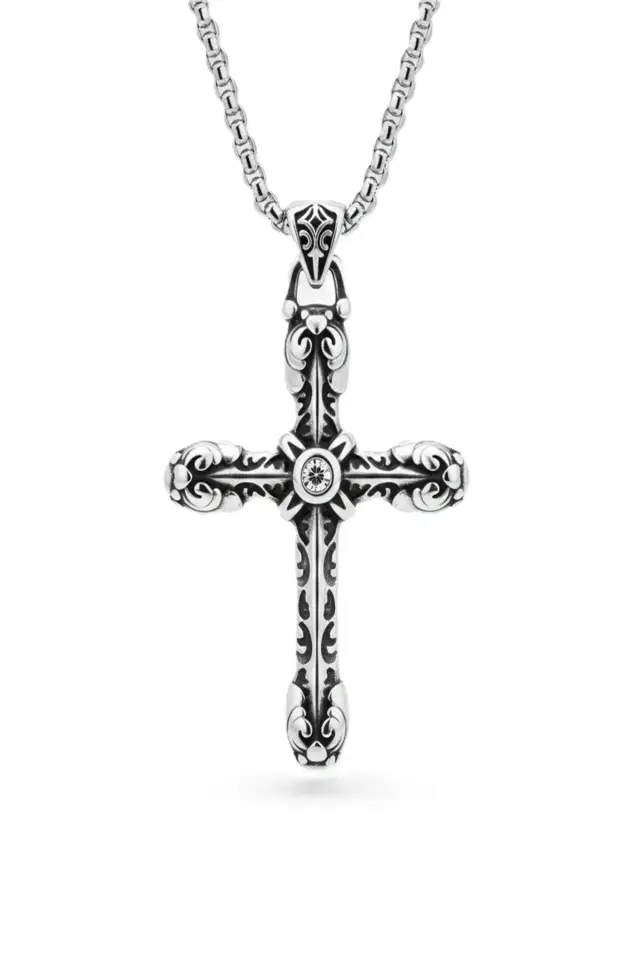 Zirkon Taşlı Gotik Barok İşlemeli Haç 316L Paslanmaz Erkek Çelik Kolye