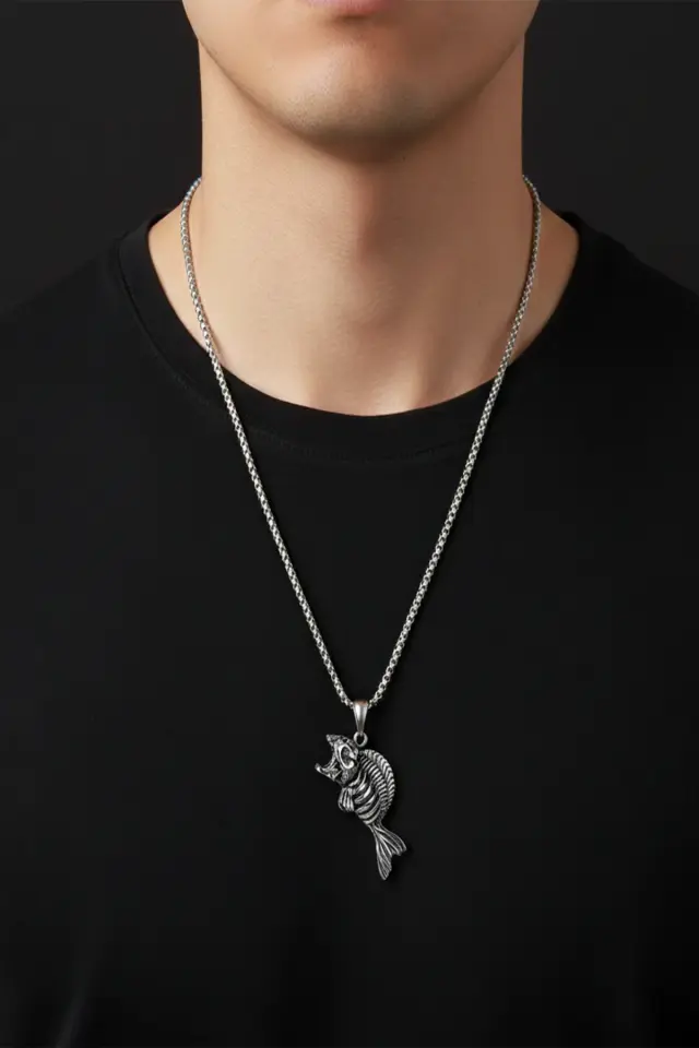 Balık İskeleti Tasarım Gotik 316L Paslanmaz Erkek Çelik Kolye