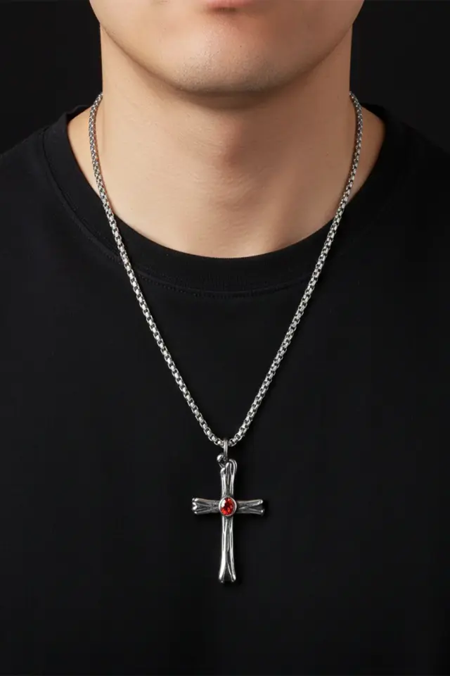 Kırmızı Zirkon Taşlı Kemik Dokulu Haç 316L Paslanmaz Erkek Çelik Kolye