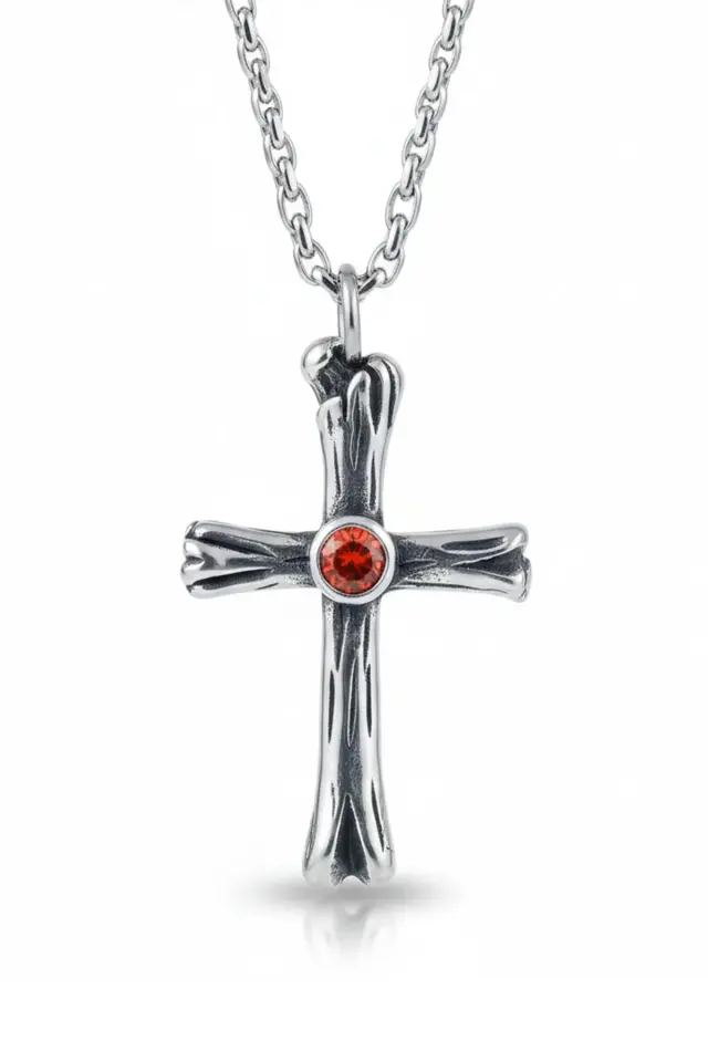 Kırmızı Zirkon Taşlı Kemik Dokulu Haç 316L Paslanmaz Erkek Çelik Kolye