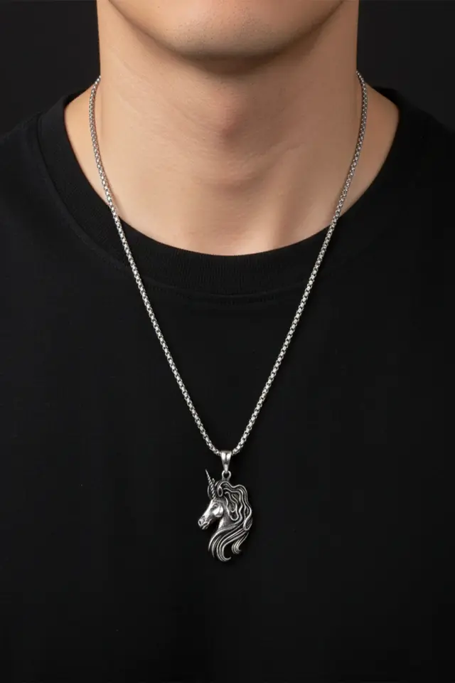 Mistik Unicorn Tekboynuz Figürlü 316L Paslanmaz Erkek Çelik Kolye