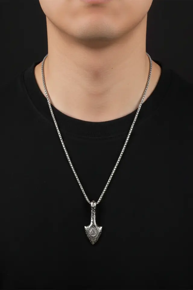 Valknut Sembollü Ok Ucu Tasarım 316L Paslanmaz Erkek Çelik Kolye