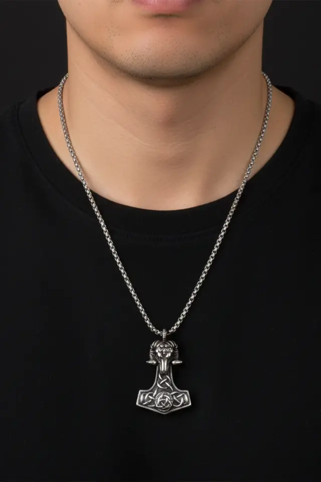 Koç Başlı Thor'un Çekici Mjolnir Tasarım 316L Paslanmaz Erkek Çelik Kolye