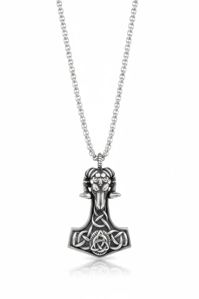 Koç Başlı Thor'un Çekici Mjolnir Tasarım 316L Paslanmaz Erkek Çelik Kolye