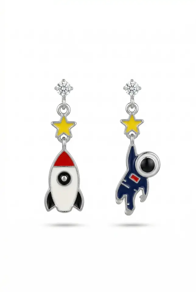 92925 Ayar Gümüş Klipsli Zirkon Taşlı Astronot ve Roket Sallantılı Küpe